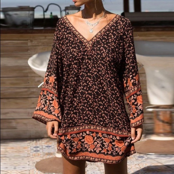 Floral Bell Sleeve Mini DRESS Dahlia Brown Kaftan - Picture 2 of 6